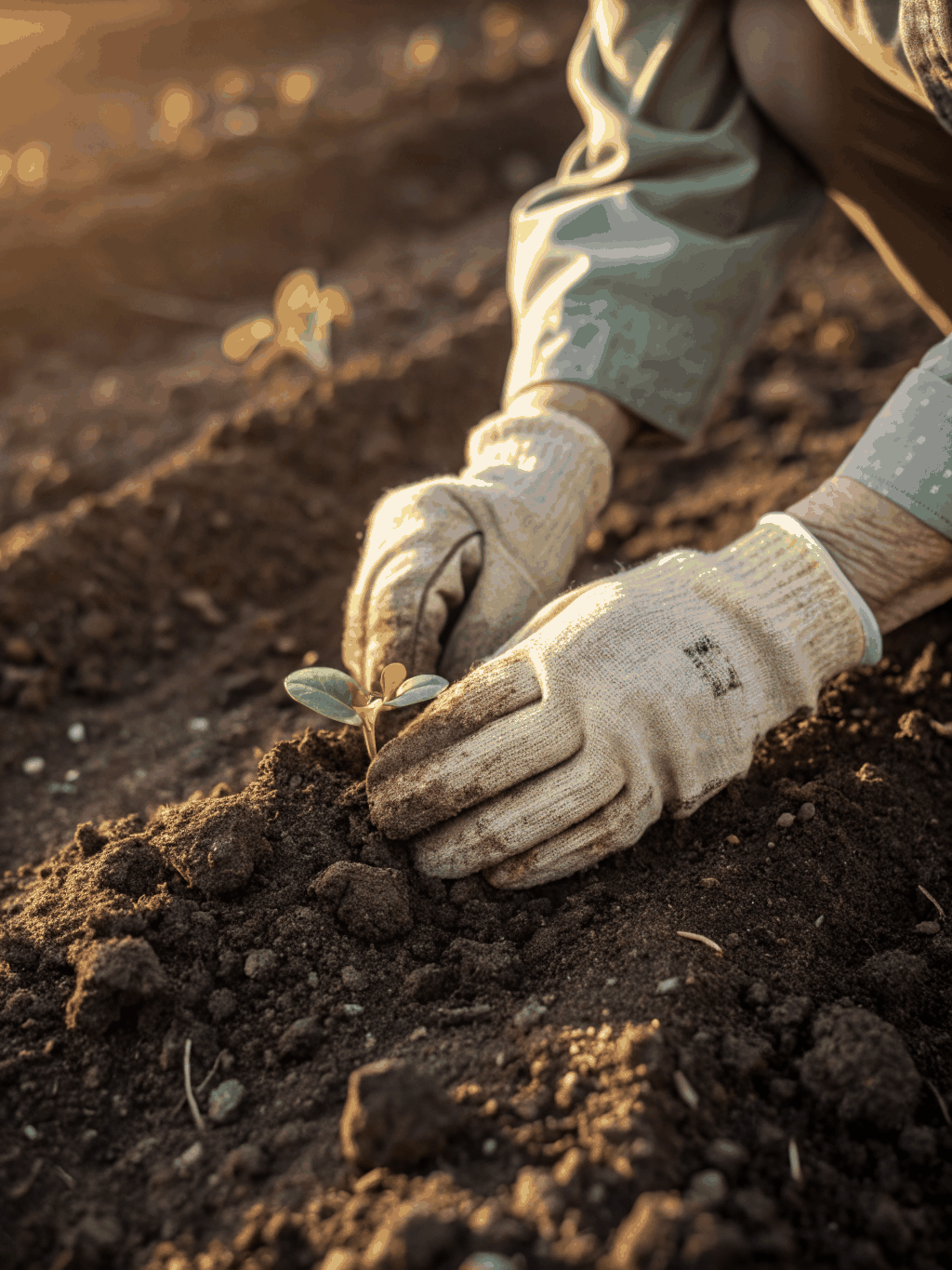 A small sprout emerging from dark rich soil with a soft sunlit garden background